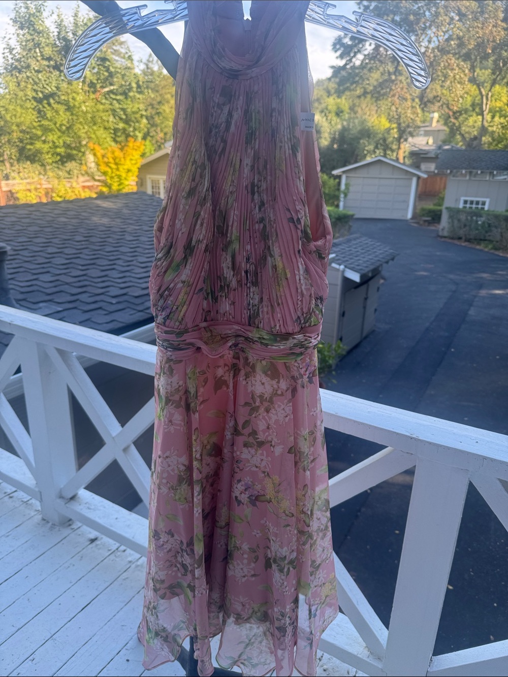 Mac Duggal Pink Floral Pleated Chiffon Maxi Dress